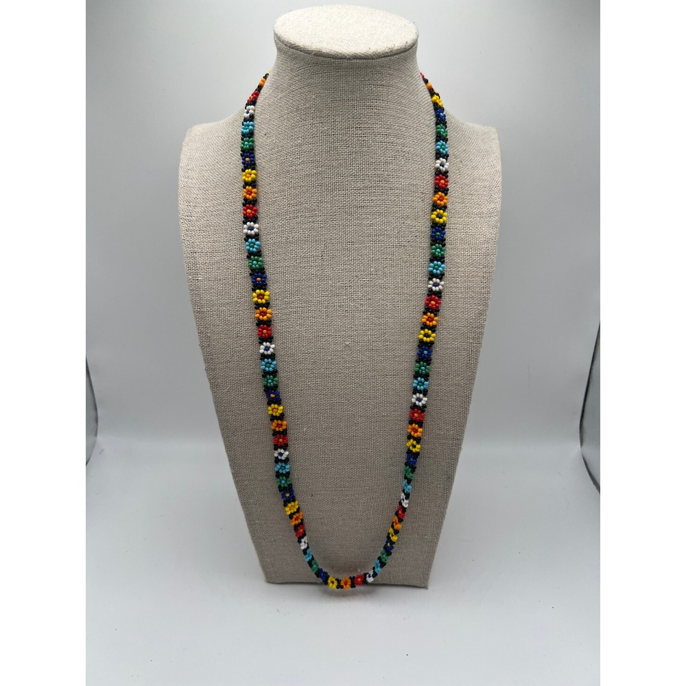Vintage Boho Rainbow Floral Seed Bead Necklace Long Artisan Folk 26"